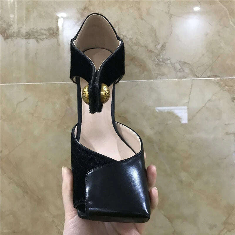 Sexy Black Women Pumps Square Toe Hollow Out High Heel Shoes Ladies Mary Janes Summer Sandals Patchwork Horsehair Stiletto - KIMLUD