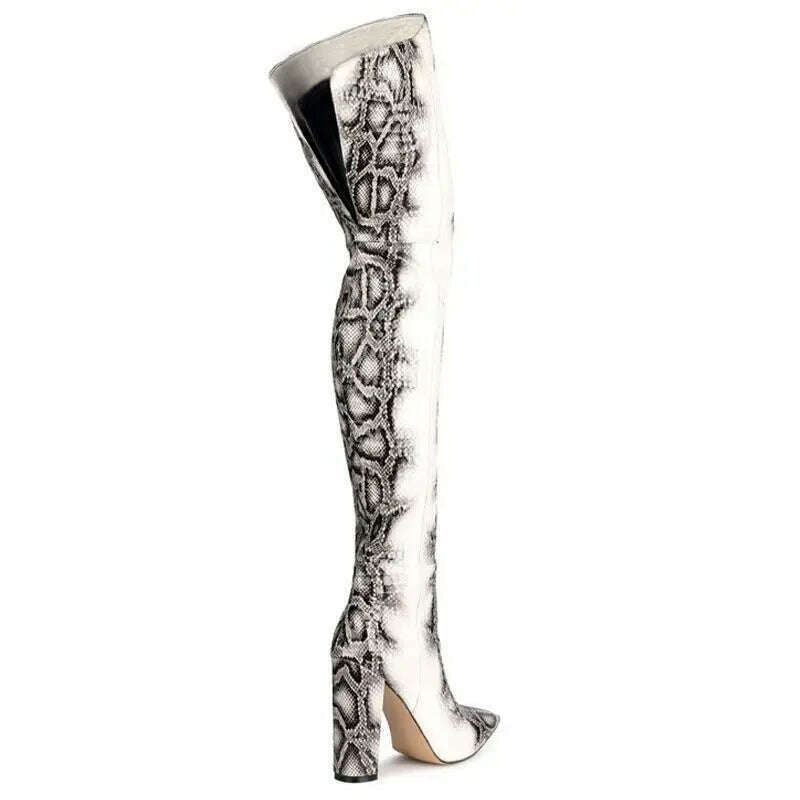 KIMLUD, Sexy Block High Heels Grey Python White Thigh Boots Pointy Toe Over Knee Boots Woman Spring Runway Knight Boots, KIMLUD Womens Clothes