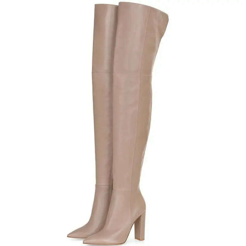 KIMLUD, Sexy Block High Heels Grey Python White Thigh Boots Pointy Toe Over Knee Boots Woman Spring Runway Knight Boots, KIMLUD Womens Clothes