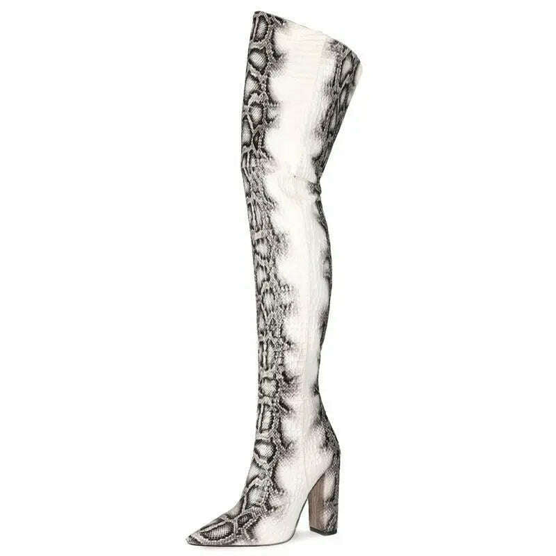 KIMLUD, Sexy Block High Heels Grey Python White Thigh Boots Pointy Toe Over Knee Boots Woman Spring Runway Knight Boots, yellow / 35, KIMLUD Womens Clothes