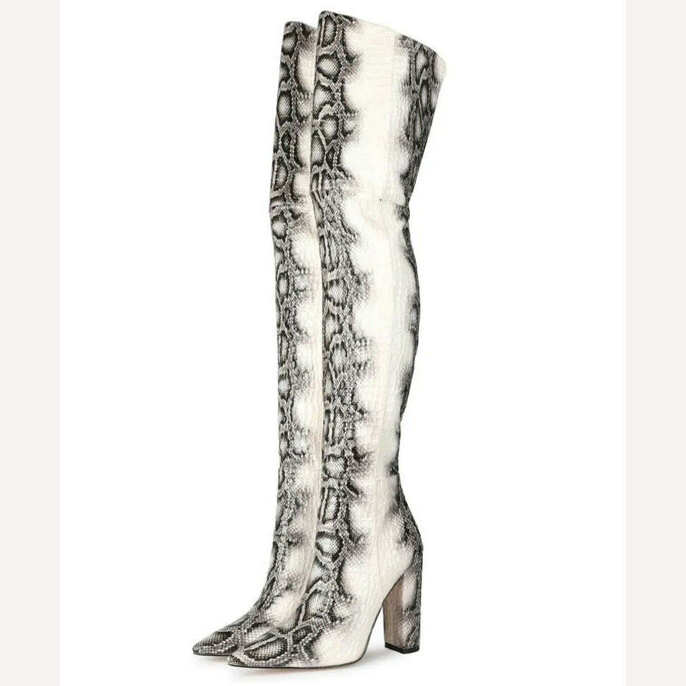 KIMLUD, Sexy Block High Heels Grey Python White Thigh Boots Pointy Toe Over Knee Boots Woman Spring Runway Knight Boots, KIMLUD Womens Clothes