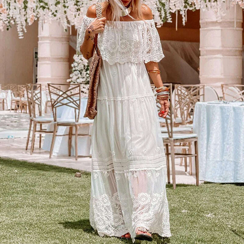 KIMLUD, Sexy Slash Neck Solid Color Long Dress Women Crochet Embroidery Lace Party Dress Summer Off Shoulder Holiday Beach Pleated Dress, 01 White / M, KIMLUD APPAREL - Womens Clothes