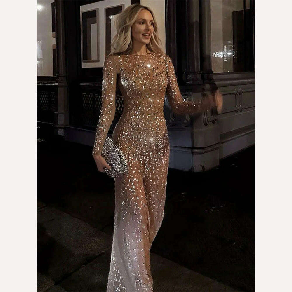 Sexy Split Glitter Female Cover Up Maxi Dress Mesh See-Through Fashion Long Sleeve Slim Beach Cover Up Dress for Women - KIMLUD