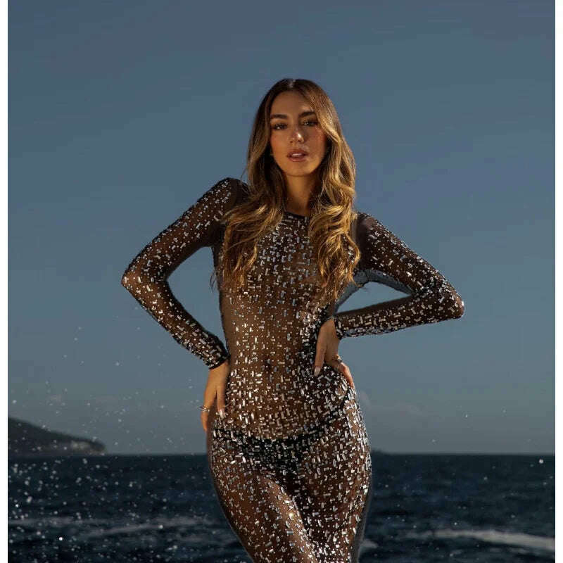 KIMLUD, Sexy Split Glitter Female Cover Up Maxi Dress Mesh See-Through Fashion Long Sleeve Slim Beach Cover Up Dress for Women, KIMLUD Women's Clothes