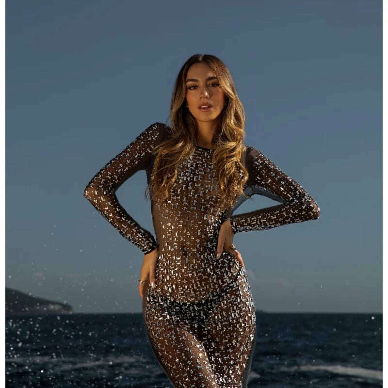 Sexy Split Glitter Female Cover Up Maxi Dress Mesh See-Through Fashion Long Sleeve Slim Beach Cover Up Dress for Women - KIMLUD