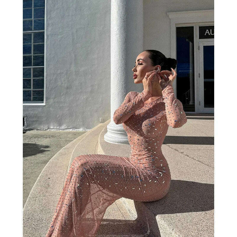 KIMLUD, Sexy Split Glitter Female Cover Up Maxi Dress Mesh See-Through Fashion Long Sleeve Slim Beach Cover Up Dress for Women, KIMLUD Womens Clothes