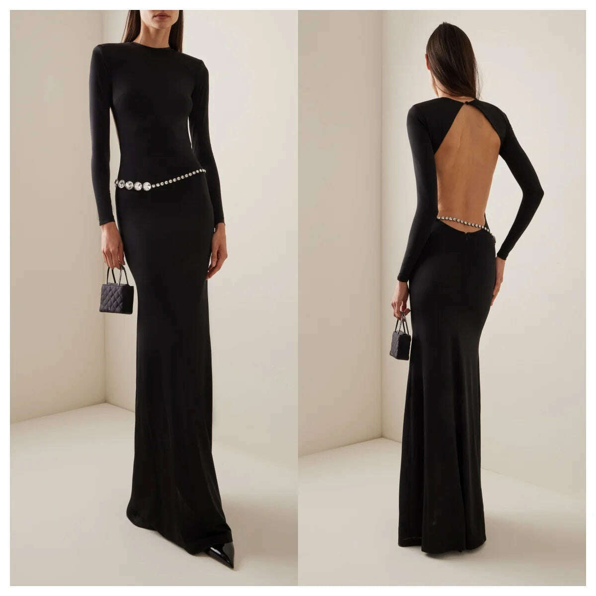 KIMLUD, Shining Diamonds Waist Chain Sexy Backless Black Long Bandage Dress Elegant Woman Evening Party Dress Cocktail Party Outfit, KIMLUD Women's Clothes