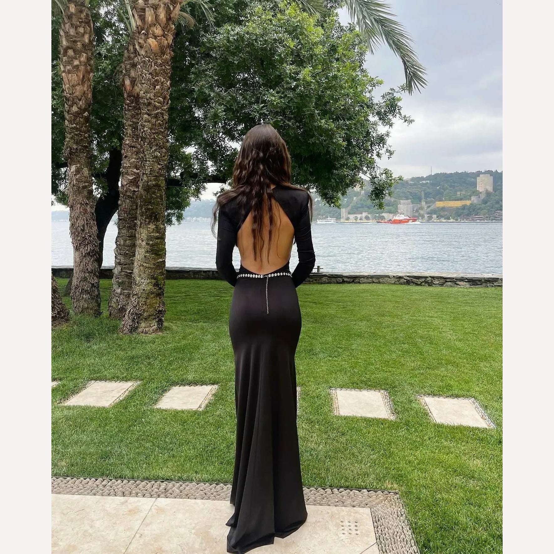KIMLUD, Shining Diamonds Waist Chain Sexy Backless Black Long Bandage Dress Elegant Woman Evening Party Dress Cocktail Party Outfit, KIMLUD Women's Clothes