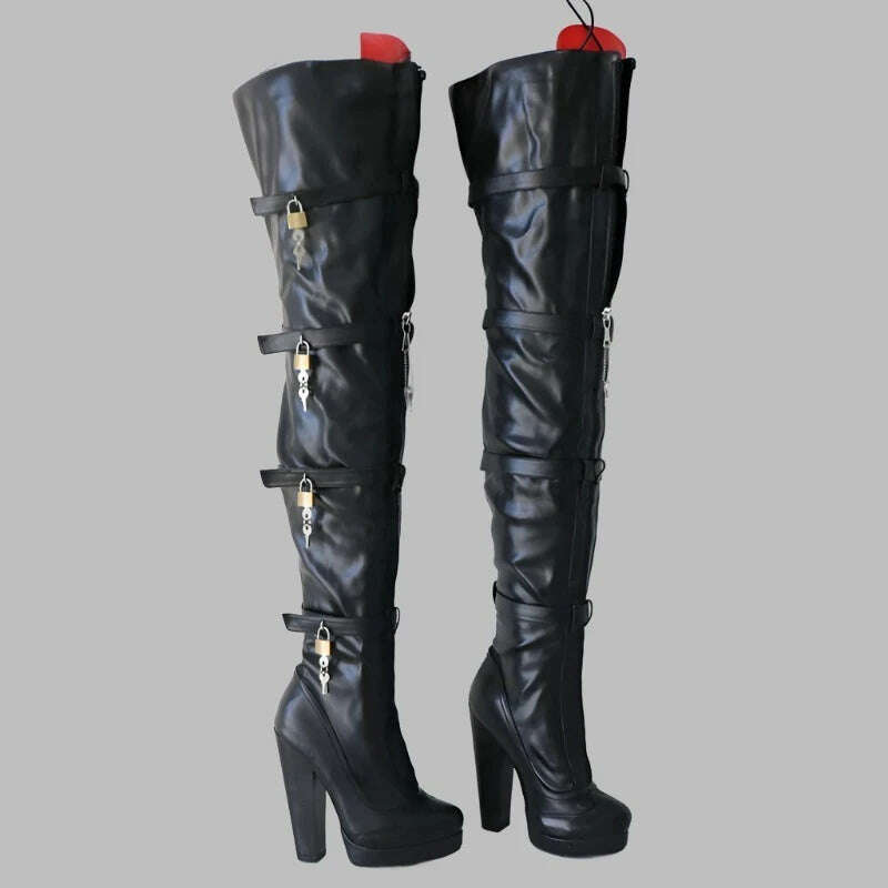 KIMLUD, Sorbern Black Long Boots Women With Locks Red Tongue Block High Heels Lockable Zippers Platform Round Toe Shoes Custom Wide Legs, Black Matt / 34, KIMLUD APPAREL - Womens Clothes