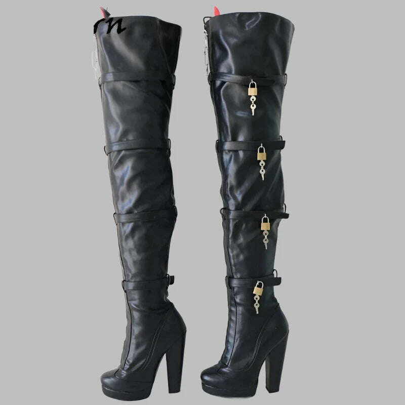 KIMLUD, Sorbern Black Long Boots Women With Locks Red Tongue Block High Heels Lockable Zippers Platform Round Toe Shoes Custom Wide Legs, KIMLUD Womens Clothes