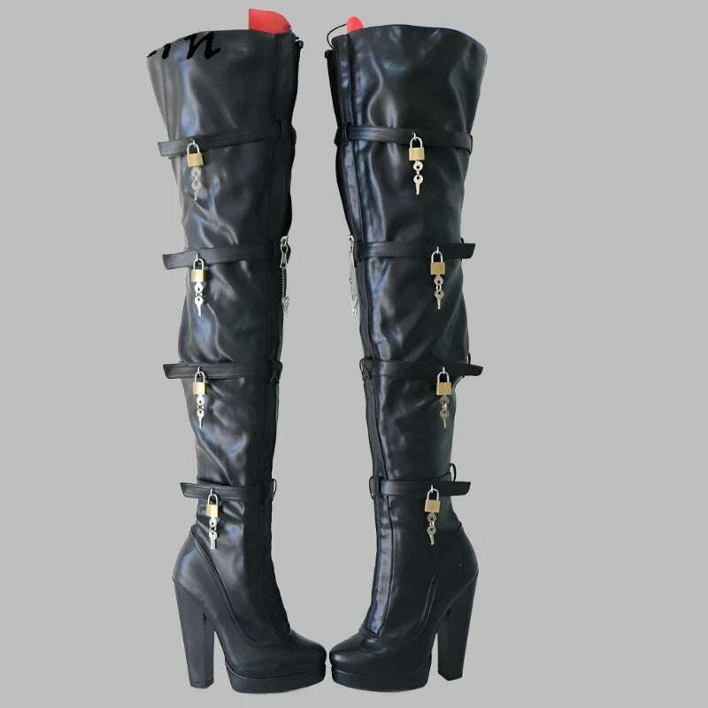 KIMLUD, Sorbern Black Long Boots Women With Locks Red Tongue Block High Heels Lockable Zippers Platform Round Toe Shoes Custom Wide Legs, KIMLUD Womens Clothes