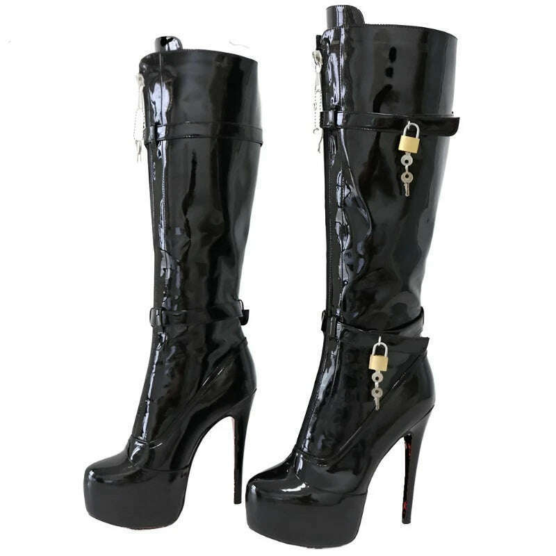 KIMLUD, Sorbern Black Patent Knee Boots Women With Locks Drag Queen Shoes Platform Fetish High Heels Round Toe Lockable Zipper Front, Black / 40, KIMLUD APPAREL - Womens Clothes
