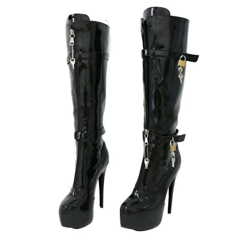 KIMLUD, Sorbern Black Patent Knee Boots Women With Locks Drag Queen Shoes Platform Fetish High Heels Round Toe Lockable Zipper Front, KIMLUD Womens Clothes