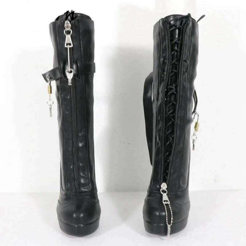 Sorbern Unisex High Ankle Boots Women Straps With Locks Visible Platform High Heels 25Cm Shaft Height Lockable Front Zipper Boot - KIMLUD