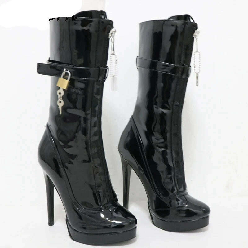 Sorbern Unisex High Ankle Boots Women Straps With Locks Visible Platform High Heels 25Cm Shaft Height Lockable Front Zipper Boot - KIMLUD