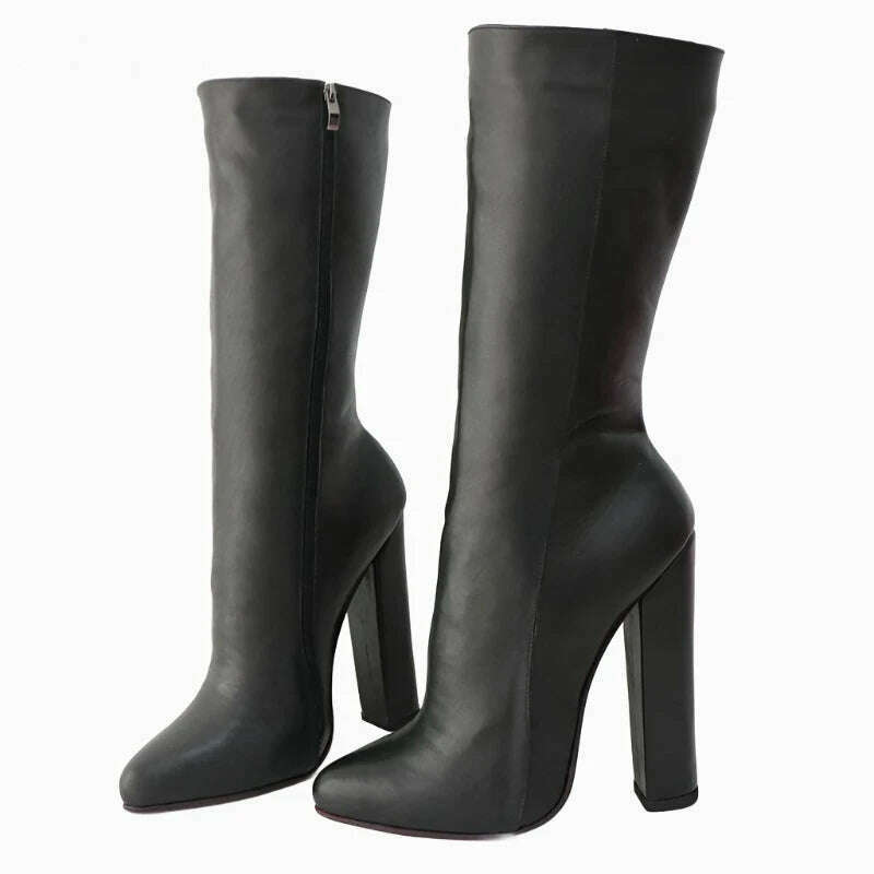 KIMLUD, Sorbern Vintage Black Matt Genuine Leather Boots Women Block Heeled Plush Winter Style Pointed Toe Mid Calf Booties Custom, Custom Color / 14, KIMLUD Women's Clothes