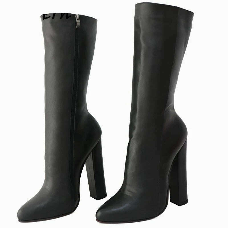 KIMLUD, Sorbern Vintage Black Matt Genuine Leather Boots Women Block Heeled Plush Winter Style Pointed Toe Mid Calf Booties Custom, black / 4, KIMLUD Women's Clothes