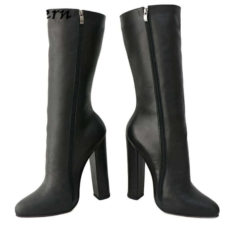 KIMLUD, Sorbern Vintage Black Matt Genuine Leather Boots Women Block Heeled Plush Winter Style Pointed Toe Mid Calf Booties Custom, KIMLUD Women's Clothes