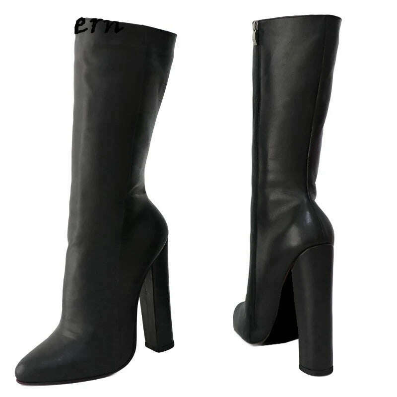 KIMLUD, Sorbern Vintage Black Matt Genuine Leather Boots Women Block Heeled Plush Winter Style Pointed Toe Mid Calf Booties Custom, KIMLUD Women's Clothes
