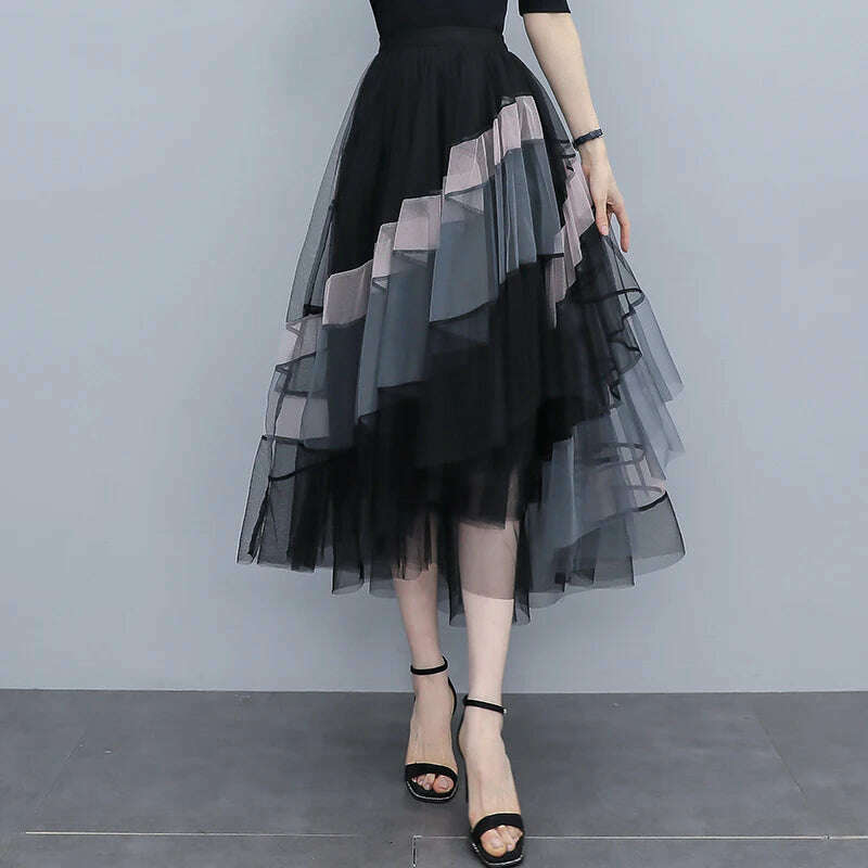KIMLUD, TIGENA Fashion Patchwork Tulle Long Skirt Women 2023 Spring Summer Elegant High Street Mesh High Waist Pleated Midi Skirt Female, Black / S, KIMLUD APPAREL - Womens Clothes