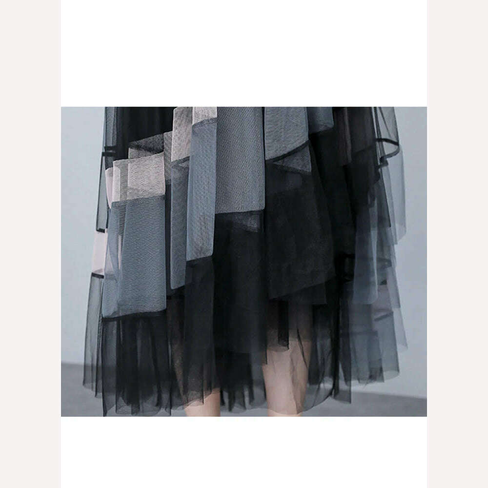 KIMLUD, TIGENA Fashion Patchwork Tulle Long Skirt Women 2023 Spring Summer Elegant High Street Mesh High Waist Pleated Midi Skirt Female, KIMLUD Women's Clothes