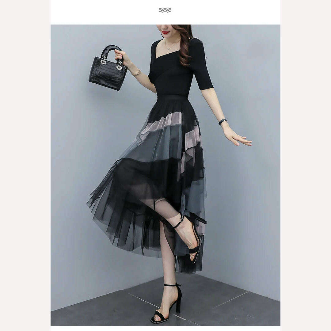 KIMLUD, TIGENA Fashion Patchwork Tulle Long Skirt Women 2023 Spring Summer Elegant High Street Mesh High Waist Pleated Midi Skirt Female, KIMLUD Womens Clothes