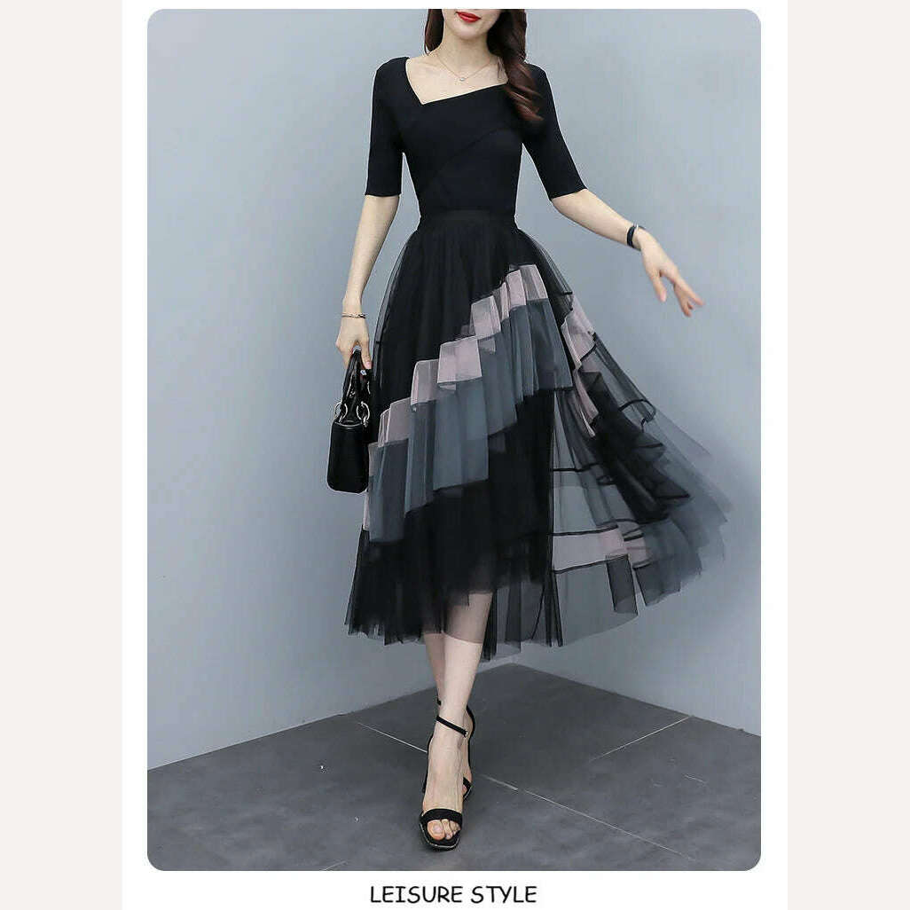 KIMLUD, TIGENA Fashion Patchwork Tulle Long Skirt Women 2023 Spring Summer Elegant High Street Mesh High Waist Pleated Midi Skirt Female, KIMLUD Womens Clothes