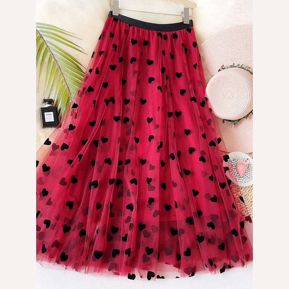 KIMLUD, TIGENA Tulle Maxi Skirt Women 2023 Spring Summer Korean Cute Heart Pattern Flocking Mesh Big Hem High Waist Long Skirt Female, Red / One Size, KIMLUD Womens Clothes