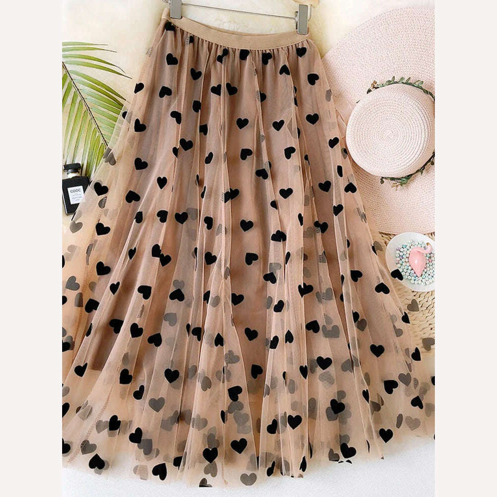 KIMLUD, TIGENA Tulle Maxi Skirt Women 2023 Spring Summer Korean Cute Heart Pattern Flocking Mesh Big Hem High Waist Long Skirt Female, Khaki / One Size, KIMLUD Womens Clothes