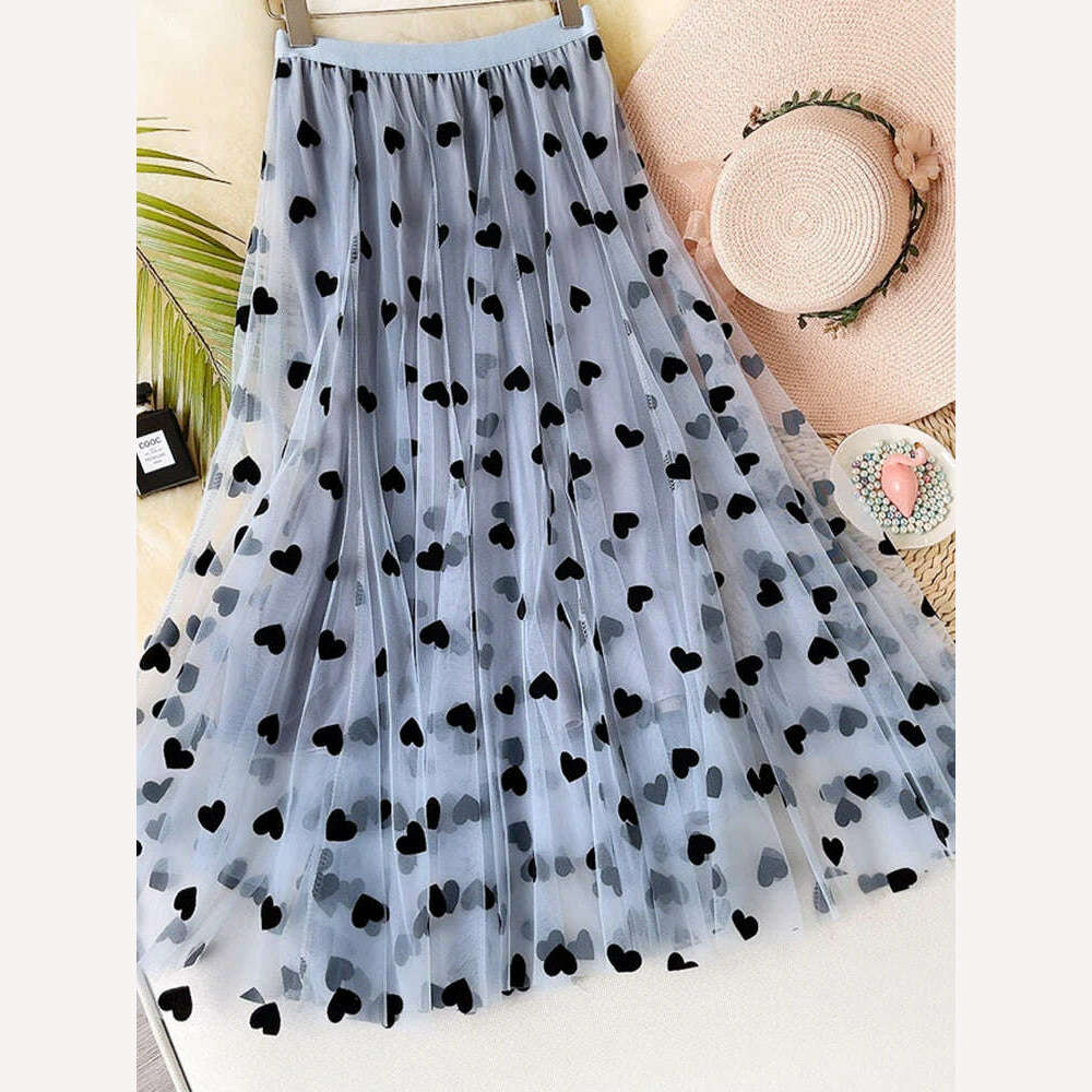 KIMLUD, TIGENA Tulle Maxi Skirt Women 2023 Spring Summer Korean Cute Heart Pattern Flocking Mesh Big Hem High Waist Long Skirt Female, Blue / One Size, KIMLUD Womens Clothes