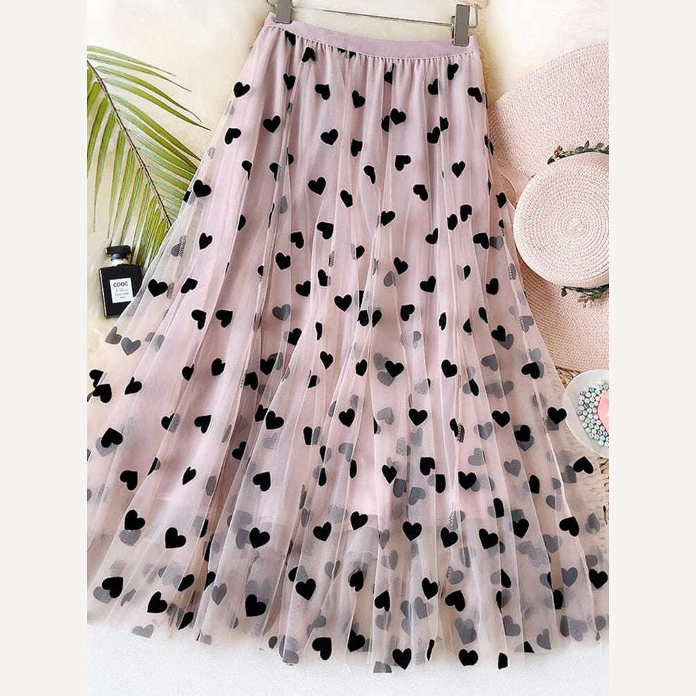 KIMLUD, TIGENA Tulle Maxi Skirt Women 2023 Spring Summer Korean Cute Heart Pattern Flocking Mesh Big Hem High Waist Long Skirt Female, Pink / One Size, KIMLUD Women's Clothes