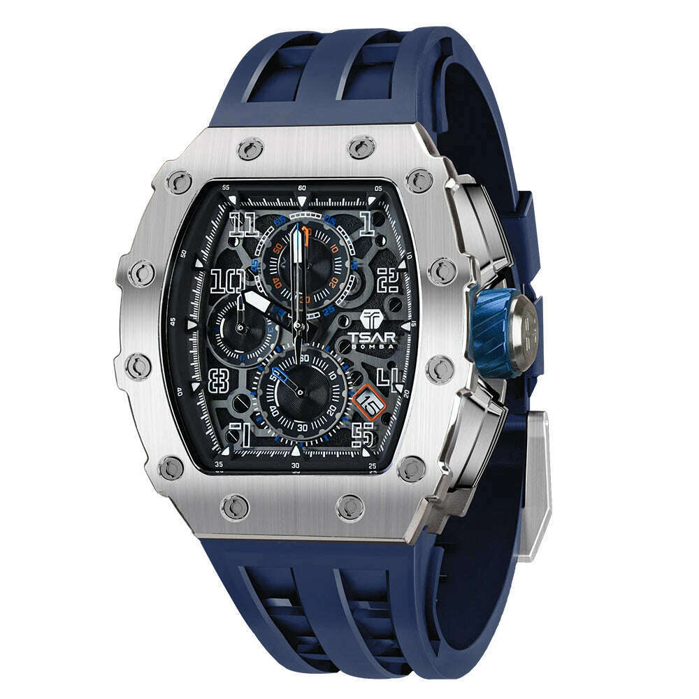 KIMLUD, TSAR BOMBA Watch for Men Top Brand Luxury Waterproof Quartz Wristwatch Tonneau Clock Gift Chronograph Rectangle Mens Watch, Blue / United States, KIMLUD APPAREL - Womens Clothes