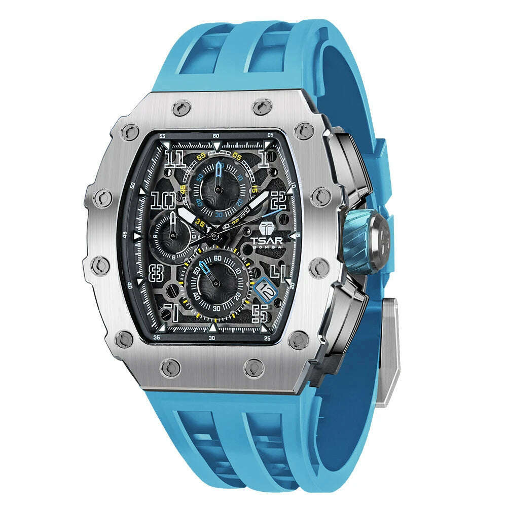 KIMLUD, TSAR BOMBA Watch for Men Top Brand Luxury Waterproof Quartz Wristwatch Tonneau Clock Gift Chronograph Rectangle Mens Watch, Light Blue Sliver / CHINA, KIMLUD APPAREL - Womens Clothes