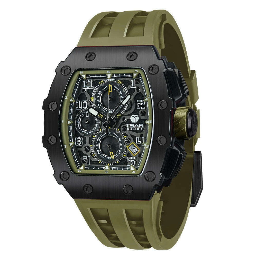 KIMLUD, TSAR BOMBA Watch for Men Top Brand Luxury Waterproof Quartz Wristwatch Tonneau Clock Gift Chronograph Rectangle Mens Watch, Olive / United States, KIMLUD APPAREL - Womens Clothes