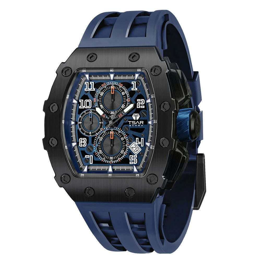 KIMLUD, TSAR BOMBA Watch for Men Top Brand Luxury Waterproof Quartz Wristwatch Tonneau Clock Gift Chronograph Rectangle Mens Watch, Black Blue / United States, KIMLUD APPAREL - Womens Clothes