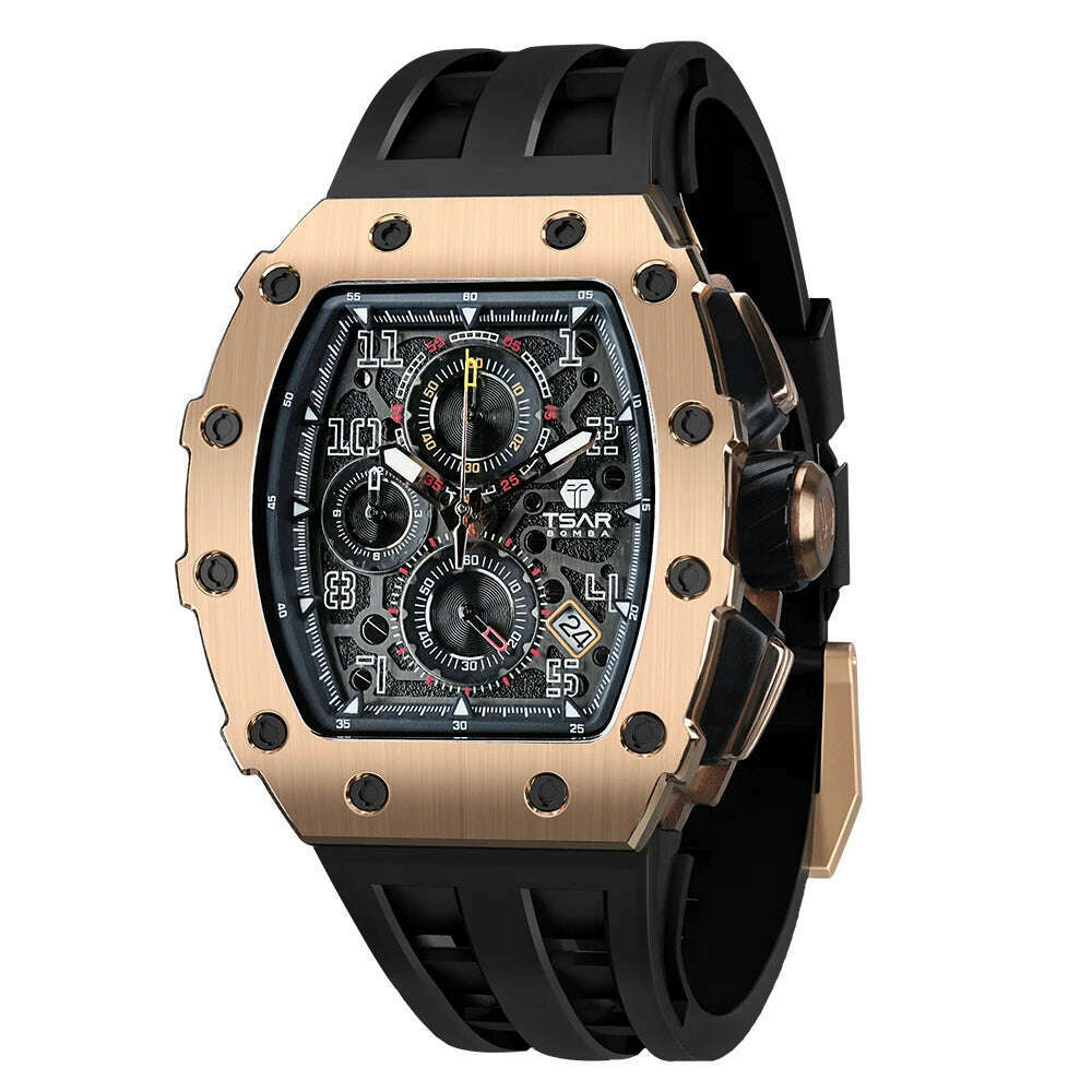 KIMLUD, TSAR BOMBA Watch for Men Top Brand Luxury Waterproof Quartz Wristwatch Tonneau Clock Gift Chronograph Rectangle Mens Watch, Gold Black / United States, KIMLUD APPAREL - Womens Clothes