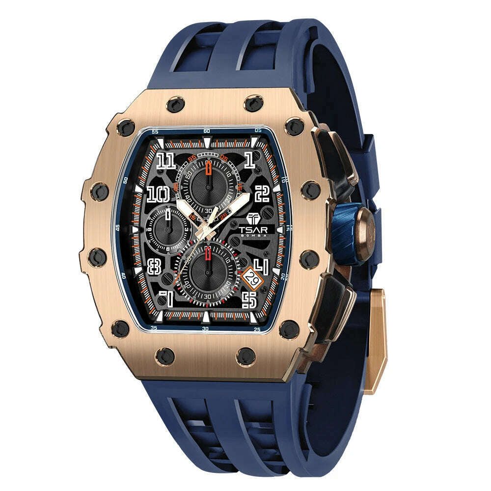 KIMLUD, TSAR BOMBA Watch for Men Top Brand Luxury Waterproof Quartz Wristwatch Tonneau Clock Gift Chronograph Rectangle Mens Watch, Gold Blue / United States, KIMLUD APPAREL - Womens Clothes