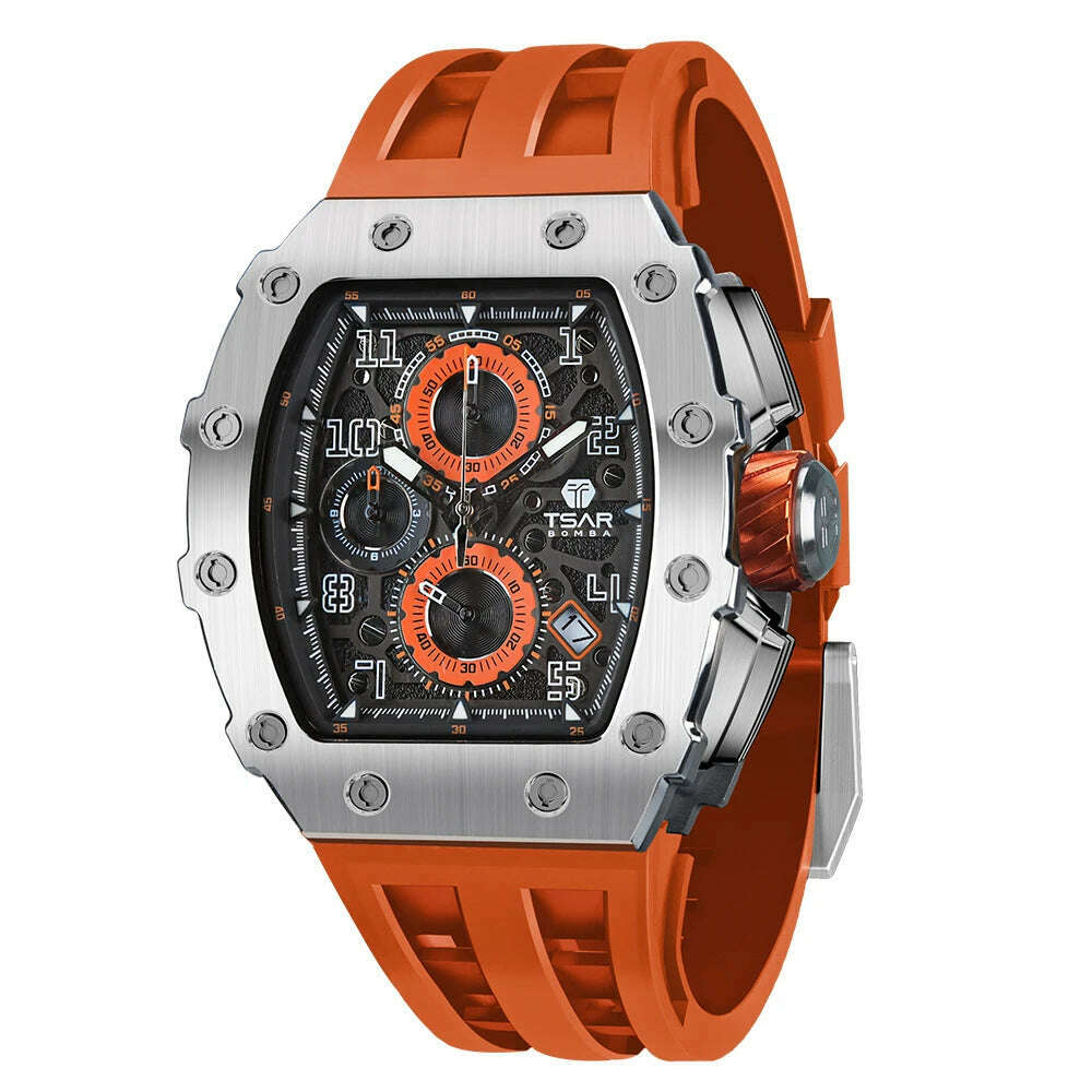 KIMLUD, TSAR BOMBA Watch for Men Top Brand Luxury Waterproof Quartz Wristwatch Tonneau Clock Gift Chronograph Rectangle Mens Watch, Sliver Orange / United States, KIMLUD APPAREL - Womens Clothes