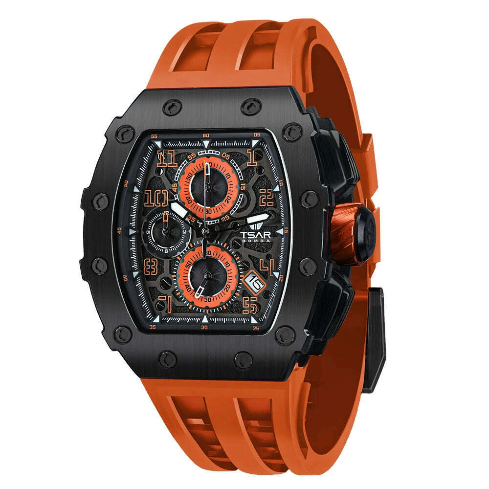 KIMLUD, TSAR BOMBA Watch for Men Top Brand Luxury Waterproof Quartz Wristwatch Tonneau Clock Gift Chronograph Rectangle Mens Watch, Black Orange / United States, KIMLUD APPAREL - Womens Clothes