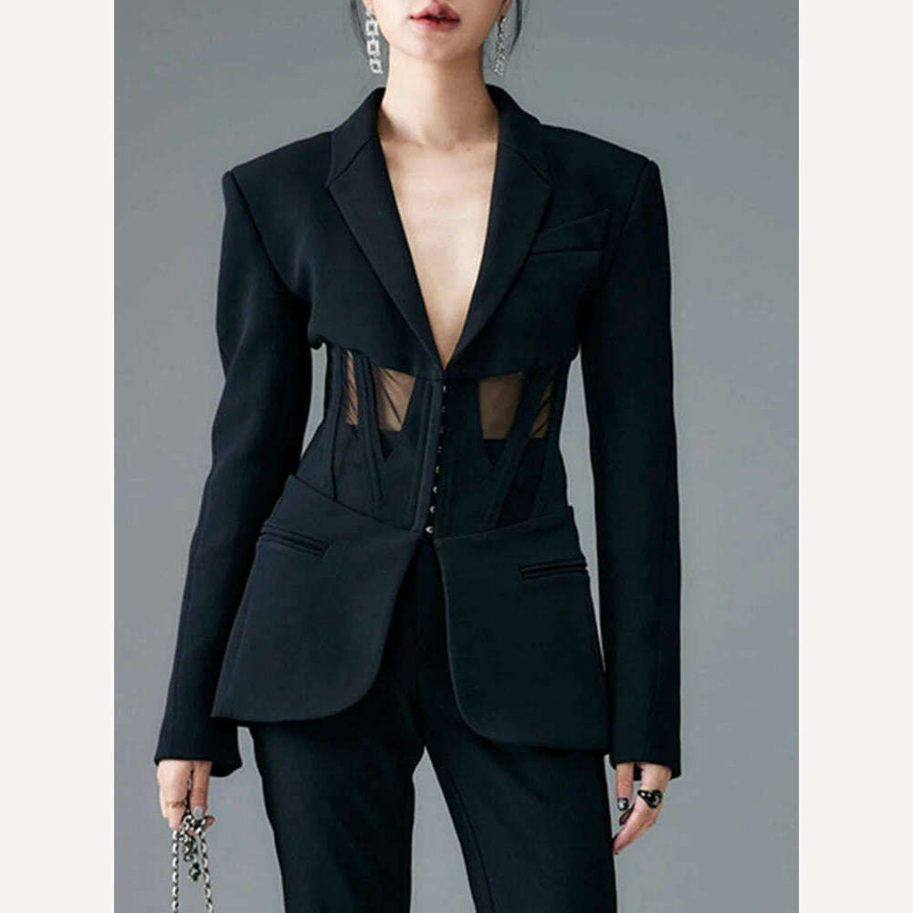 KIMLUD, TWOTWINSTYLE Solid Blazers For Women Notched Collar Long Sleeves Patchwork Mesh Slimming Sexy Blazer Female Fashion Clothes 2023, Black / M, KIMLUD Womens Clothes