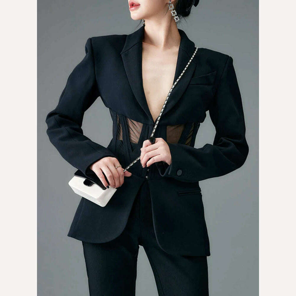 KIMLUD, TWOTWINSTYLE Solid Blazers For Women Notched Collar Long Sleeves Patchwork Mesh Slimming Sexy Blazer Female Fashion Clothes 2023, KIMLUD Womens Clothes