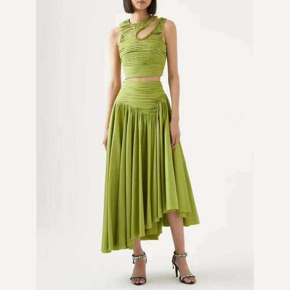 VGH Slim Two Piece Sets For Women Round Neck Sleeveless Hollow Out Pleat Crop Tops Irregular Hem Pleated Skirt Solid Set Female - KIMLUD