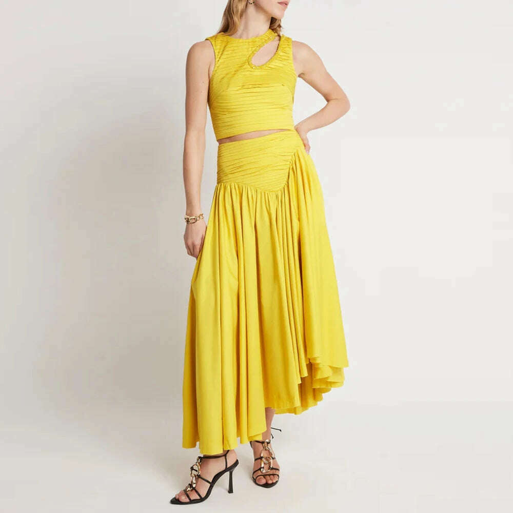 KIMLUD, VGH Slim Two Piece Sets For Women Round Neck Sleeveless Hollow Out Pleat Crop Tops Irregular Hem Pleated Skirt Solid Set Female, Yellow / S, KIMLUD Womens Clothes