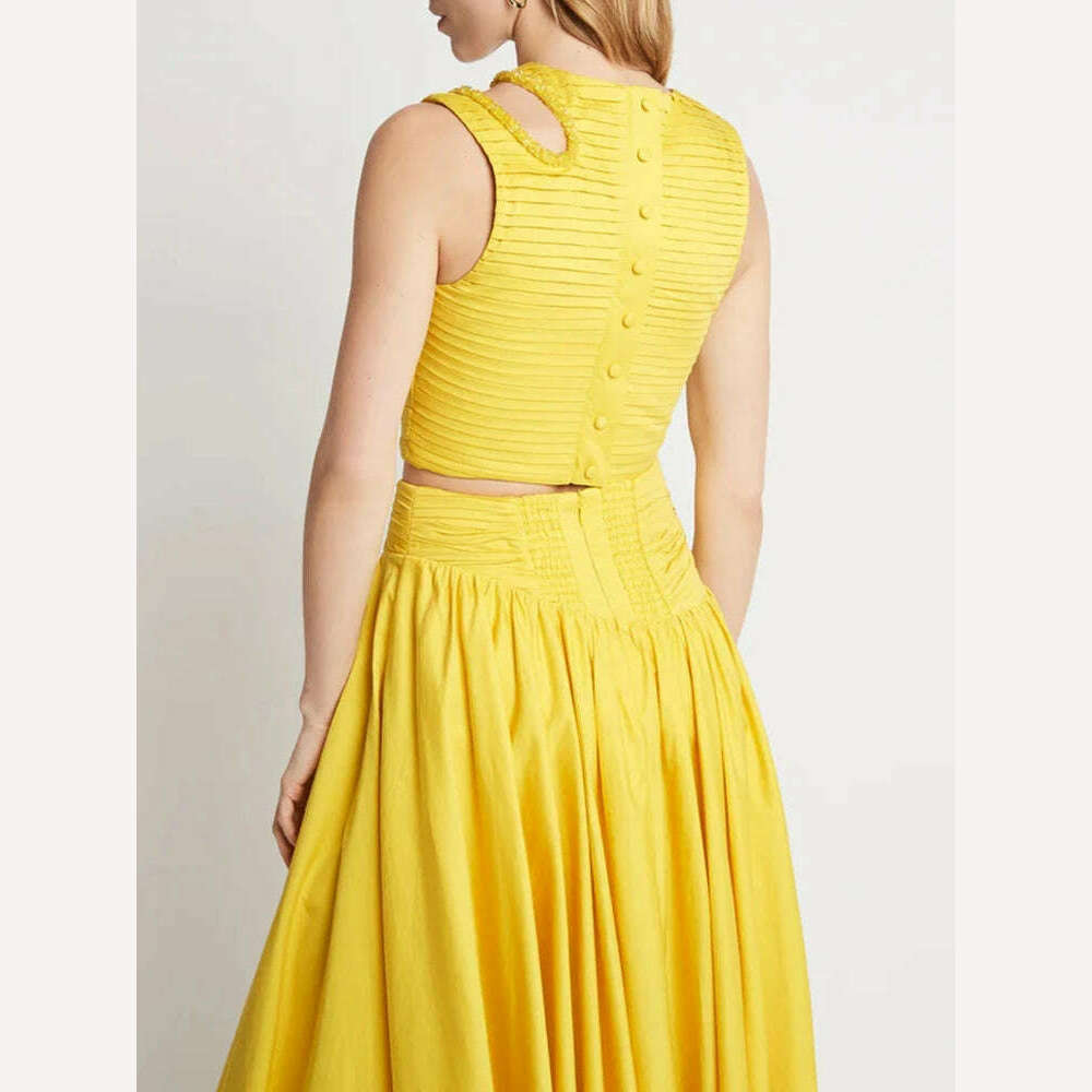 VGH Slim Two Piece Sets For Women Round Neck Sleeveless Hollow Out Pleat Crop Tops Irregular Hem Pleated Skirt Solid Set Female - KIMLUD