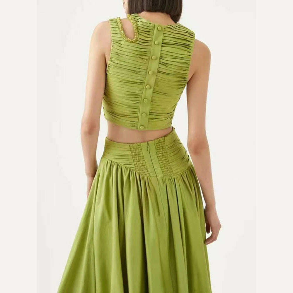 VGH Slim Two Piece Sets For Women Round Neck Sleeveless Hollow Out Pleat Crop Tops Irregular Hem Pleated Skirt Solid Set Female - KIMLUD