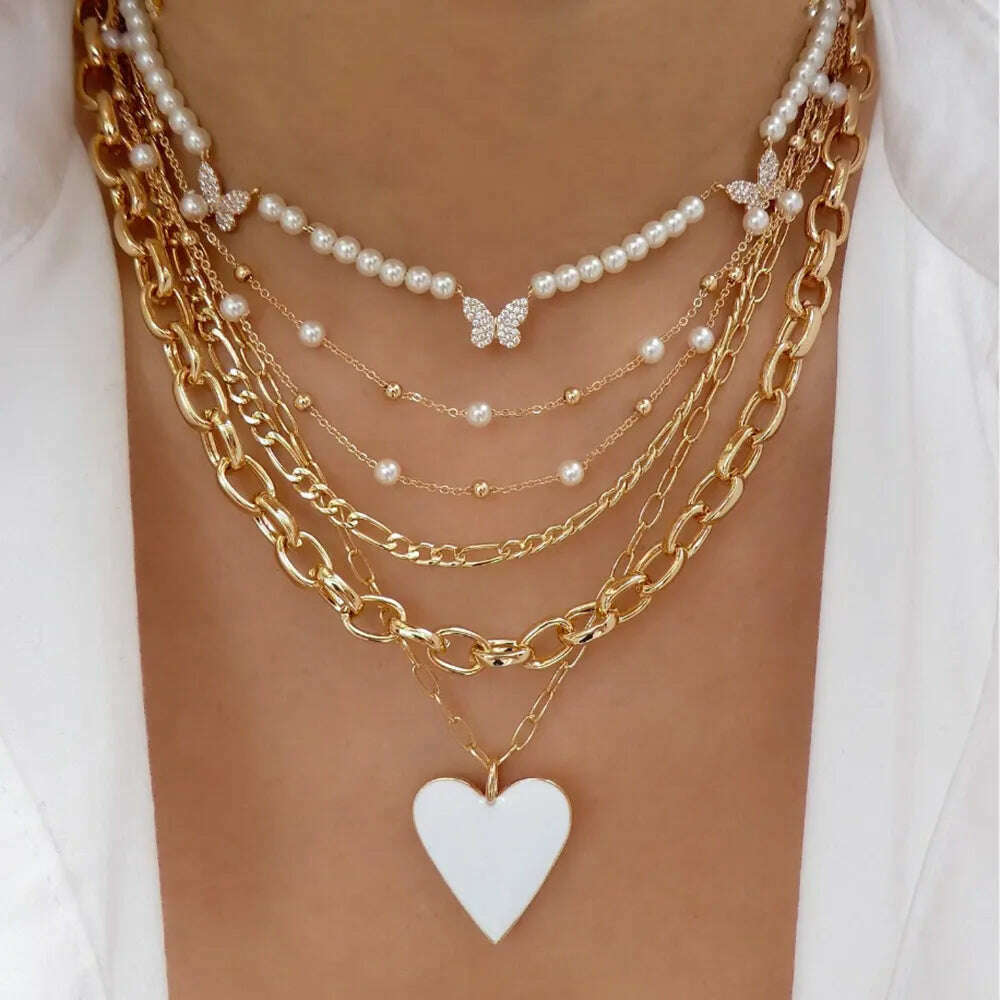 KIMLUD, Vintage Color Heart Pendant Pearl Necklace For Women Girls Fashion Gold-plate Chain Choker Necklaces 2023 New Trend Jewelry, NES-0824-9, KIMLUD Womens Clothes