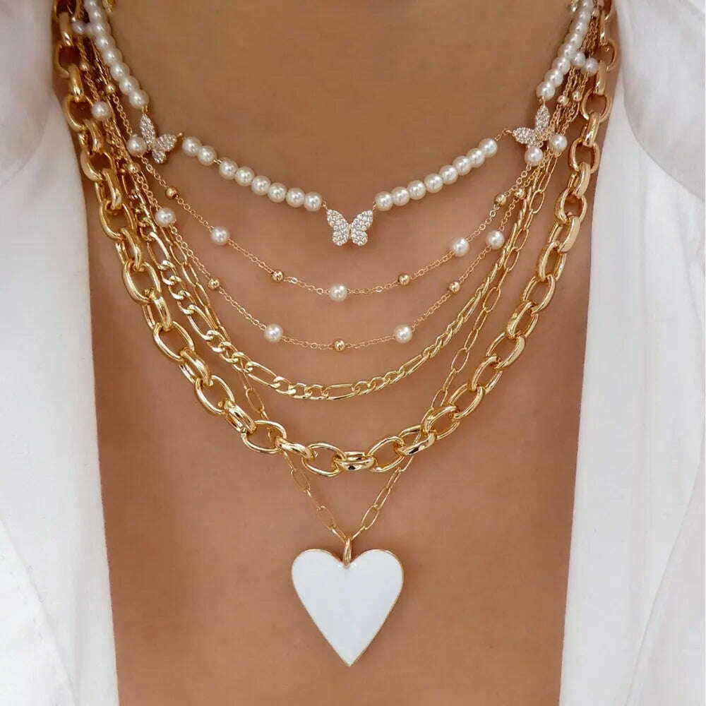 Vintage Color Heart Pendant Pearl Necklace For Women Girls Fashion Gold-plate Chain Choker Necklaces 2023 New Trend Jewelry - KIMLUD