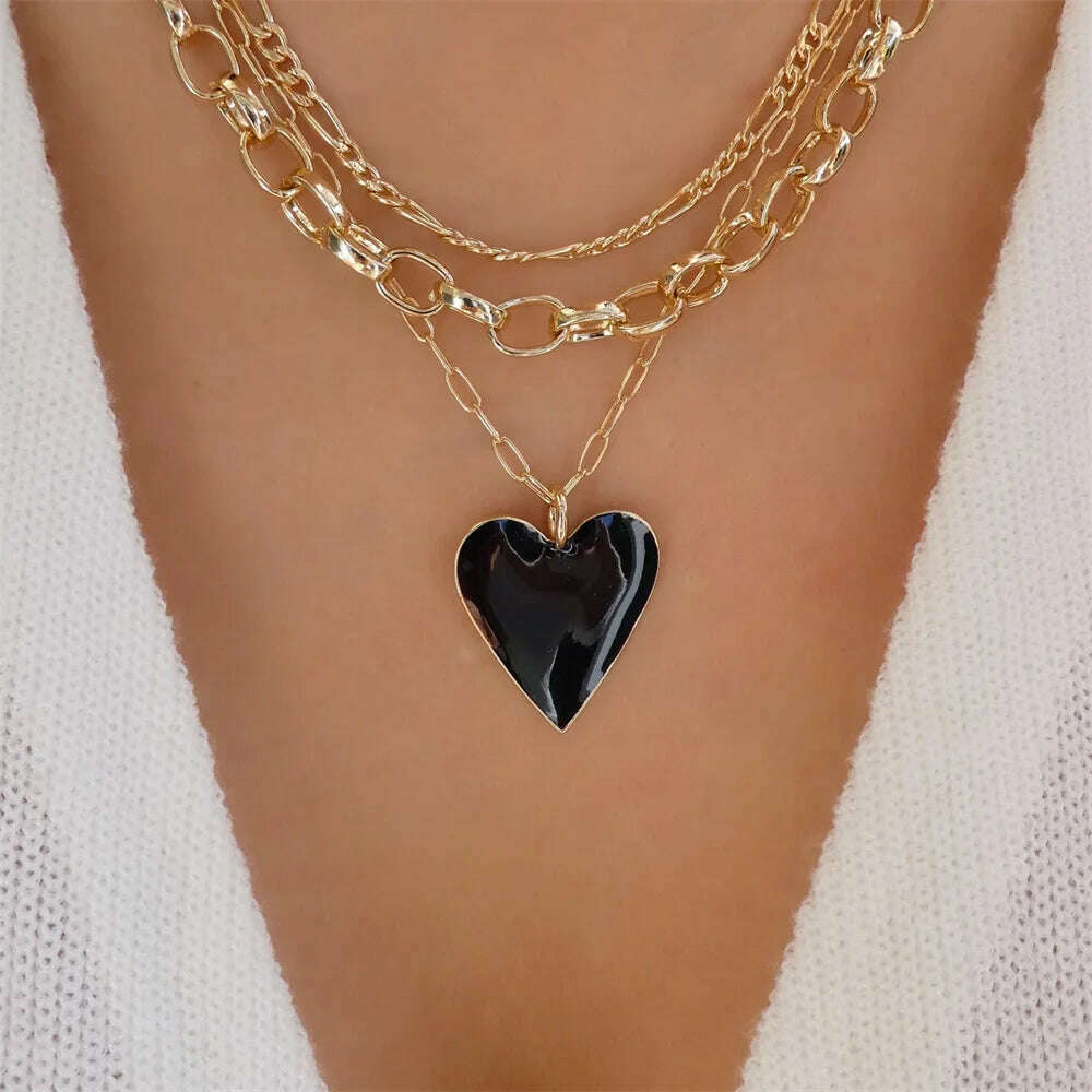 Vintage Color Heart Pendant Pearl Necklace For Women Girls Fashion Gold-plate Chain Choker Necklaces 2023 New Trend Jewelry - KIMLUD