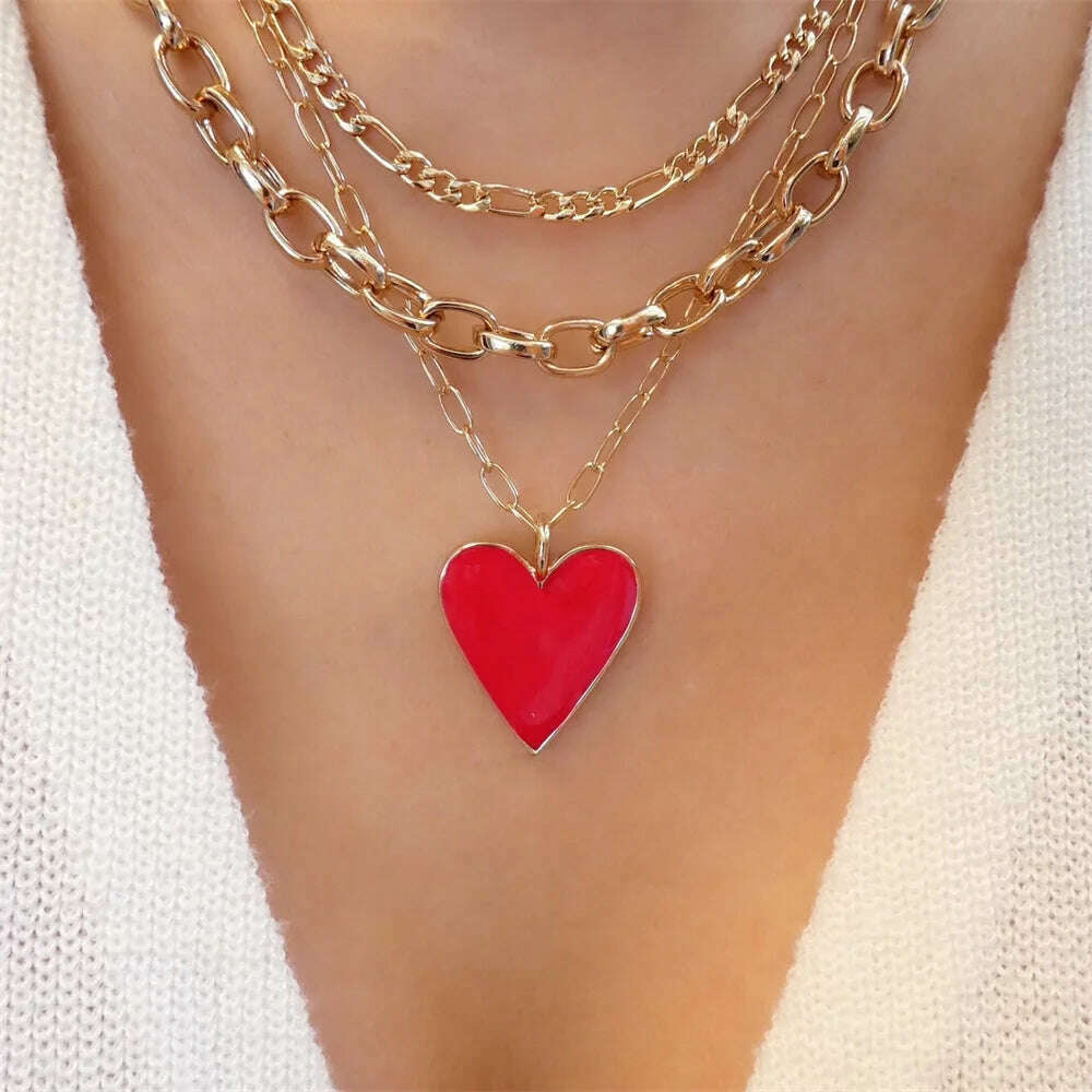 Vintage Color Heart Pendant Pearl Necklace For Women Girls Fashion Gold-plate Chain Choker Necklaces 2023 New Trend Jewelry - KIMLUD