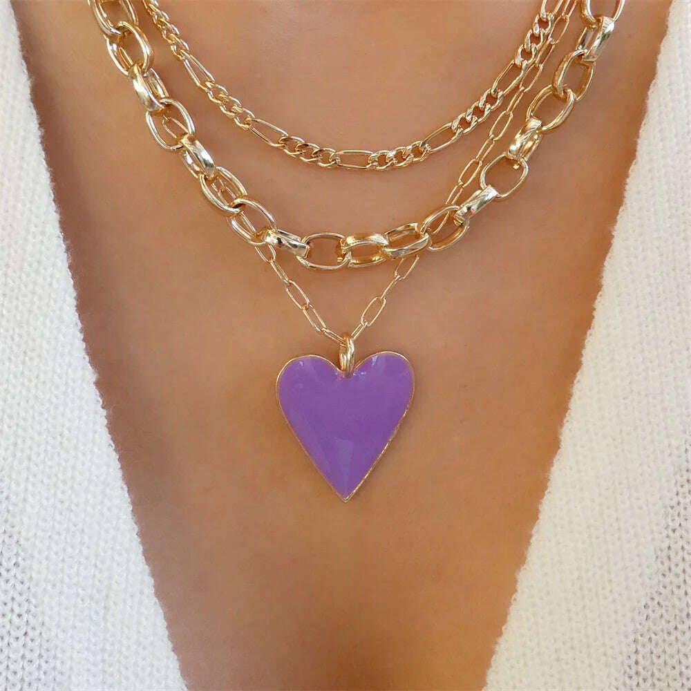 Vintage Color Heart Pendant Pearl Necklace For Women Girls Fashion Gold-plate Chain Choker Necklaces 2023 New Trend Jewelry - KIMLUD